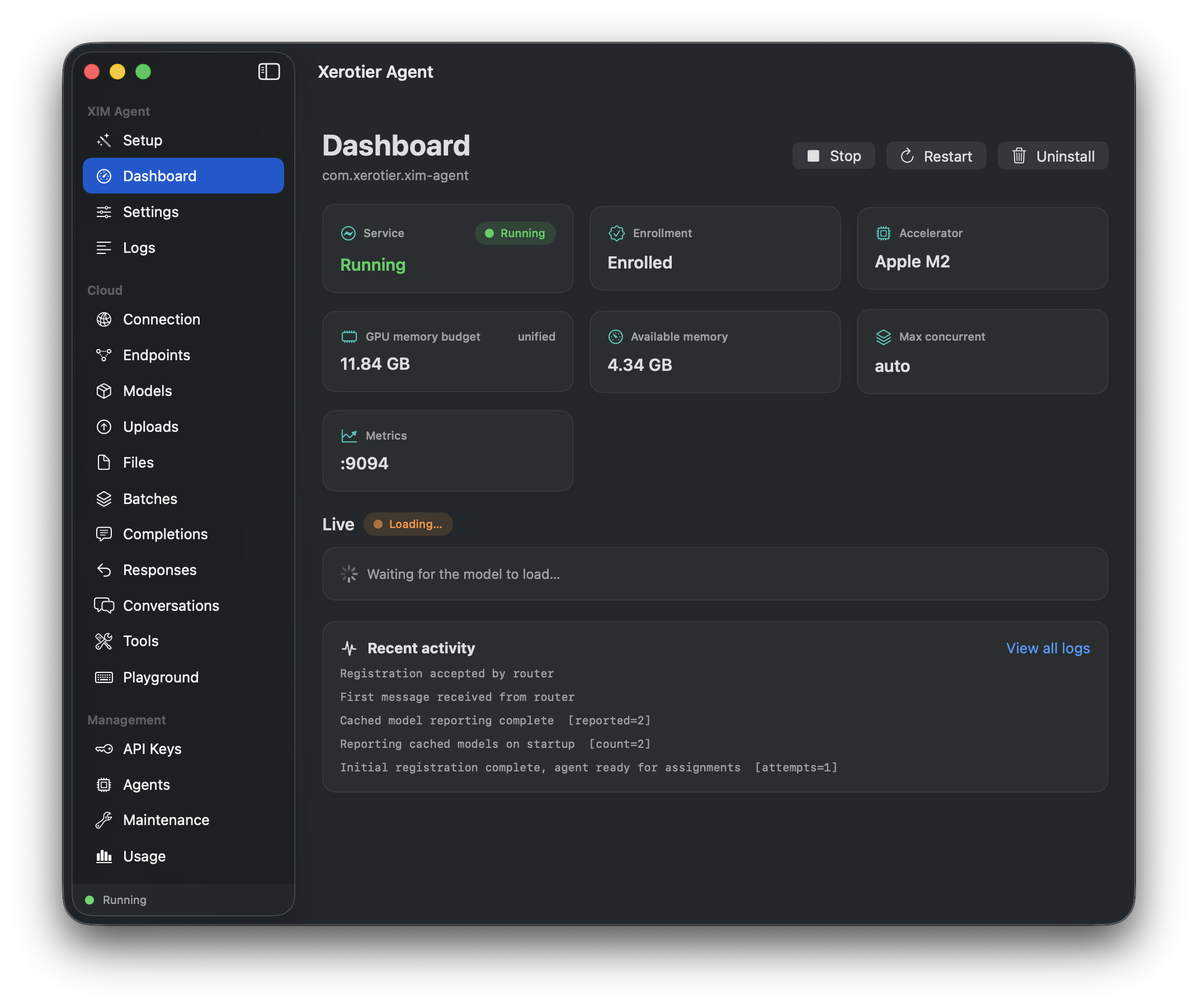 Xerotier macOS app showing the agent dashboard: live status, the Apple Metal accelerator with its unified-memory budget, and Start, Stop, Restart, and Uninstall controls.